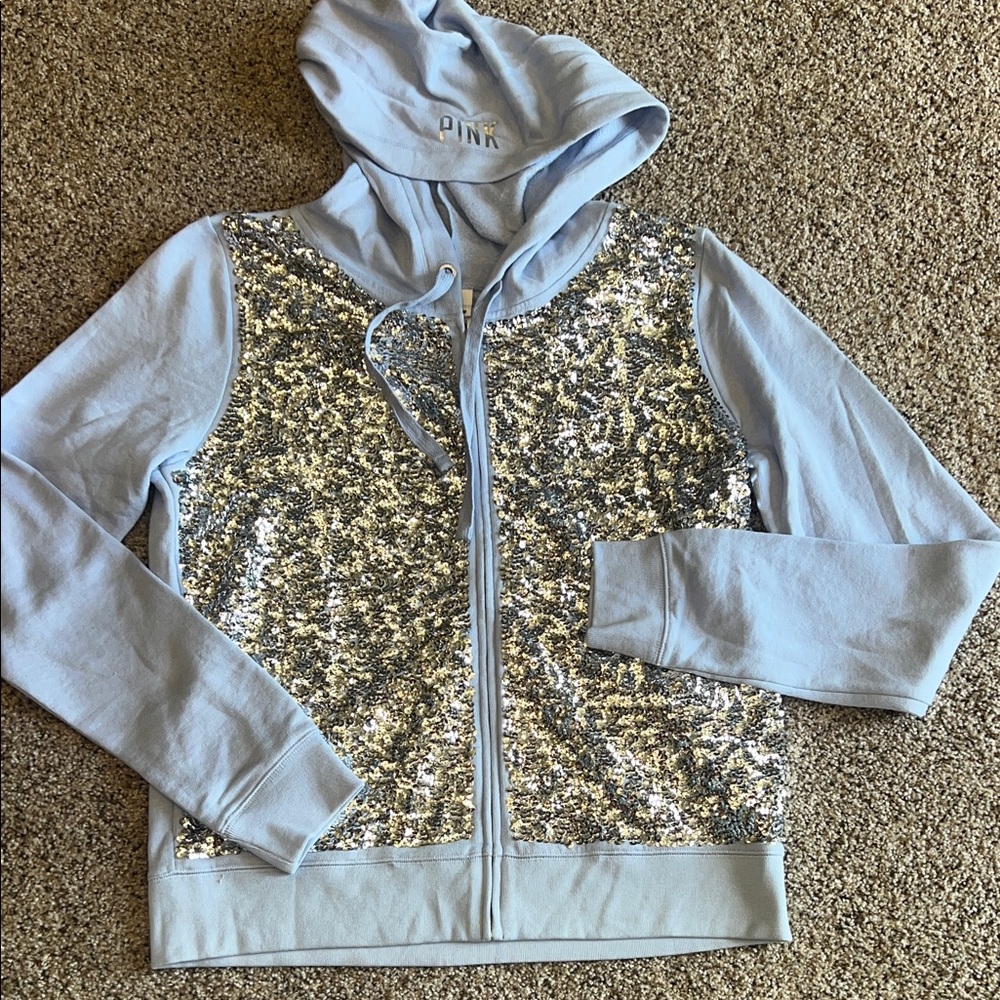 PINK Victoria's Secret Light Blue Lavender Hoodie with Silver Sequins size large